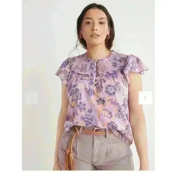 Anthropologie Floral Smocked Ruffle Short Sleeve Blouse XS - Picture 3 of 9